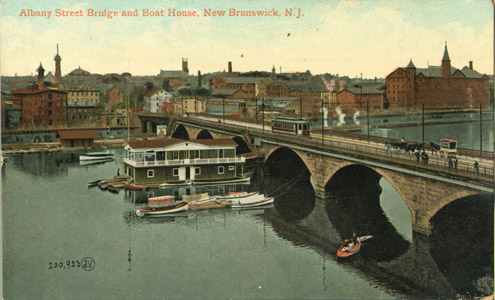 This image depicts the Albany Street Bridge near the northern terminus of the canal in New Brunswick. 